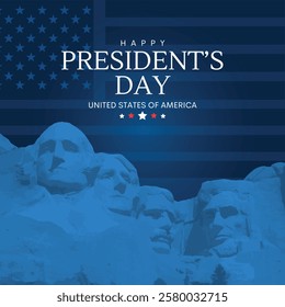 Happy President's Day Social Media Post. Presidents Day of USA Banner and Greeting Card with USA Flag, Rushmore Presidents and Text Vector Illustration.