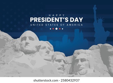 Happy President's Day Social Media Post. Presidents Day of USA Banner and Greeting Card with USA Flag, Rushmore Presidents and Text Vector Illustration.