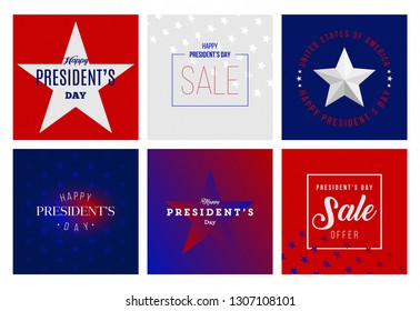 Happy President's Day square cover set. creative design with star and flag. Typography and sale banner. trendy style gradient.