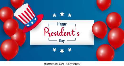 Happy Presidents Day with stars, balloons and hat. Vector illustration background  text lettering for President's day in USA. Perfect for  greeting card, sale banner, wallpaper, poster, invitation.