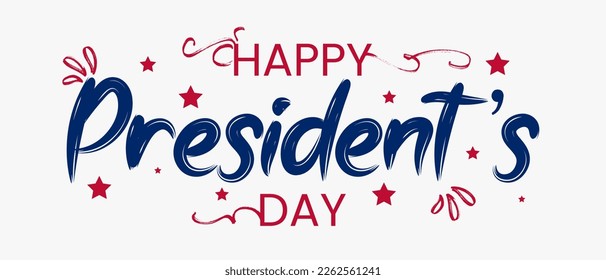 Happy Presidents Day with stars and Hand drawn text lettering for Presidents day in USA. Script. Calligraphic design for print greetings card, sale banner, poster. Colorful
