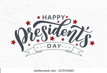 Happy Presidents Day with stars and ribbon. Vector illustration Hand drawn text lettering for Presidents day in USA. Script. Calligraphic design for print greetings card, sale banner, poster. Colorful