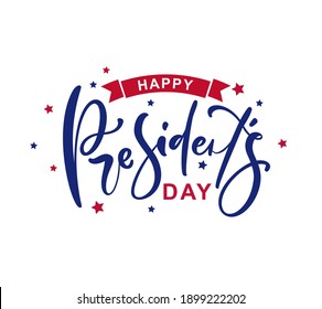 Happy Presidents Day with stars and ribbon. Vector illustration Hand drawn text lettering for Presidents day in USA. Script. Calligraphic design for print greetings card, sale banner, poster