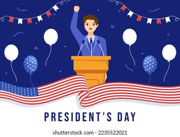 Happy Presidents Day with Stars and USA Flag for the President of America Suitable for Poster in Flat Cartoon Hand Drawn Illustration