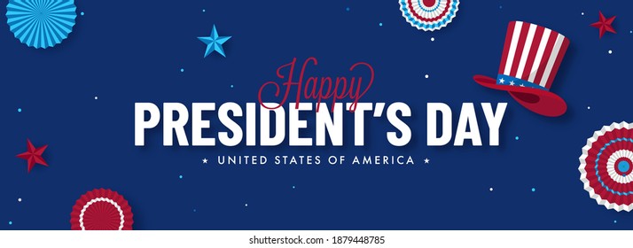 Happy President's Day Text With Uncle Sam Hat, American Flag Badge And Stars On Blue Background.