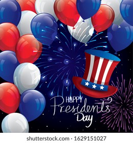 happy presidents day with top hat and balloons helium vector illustration design