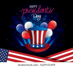 happy presidents day with top hat and balloons helium vector illustration design