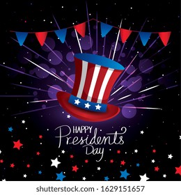 happy presidents day with top hat and garlands hanging vector illustration design