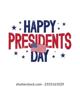 Happy Presidents Day typography banner design with American flag, red and blue stars on white background. Presidents Day vector illustration. Sticker, badge, label, tags.