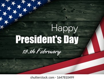 Happy Presidents' Day Typography. Over Distressed dark Wood Background with American Flag Border. Vector banner 18th february american holiday