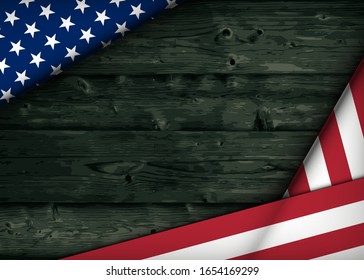 Happy Presidents' Day Typography. Over Distressed Dark Wood Background With American Flag Border. Vector Banner 18th February American Holiday