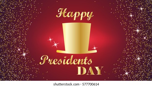 Happy Presidents Day Typography with tall hat and red with gold background. Vector illustration for cards, banners, print 