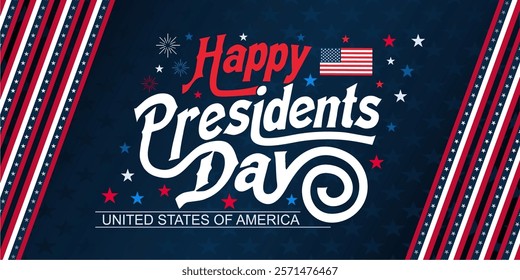 Happy Presidents' Day Typography vector illustration with beautiful hand lettering and stars in the colors of the United States flag. Best for card, poster, banner and social media template.