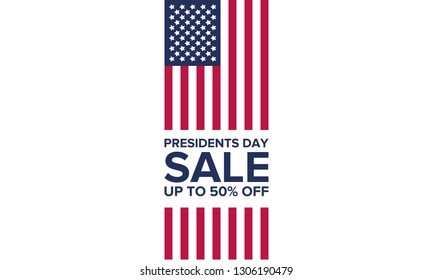 Happy Presidents day in United States. Washington's Birthday. Sale banner, poster or background for shop. Traditional federal holiday in America. Celebrated in February. 