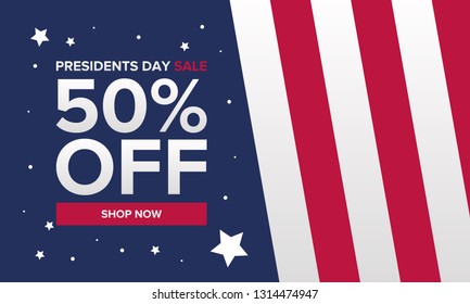 Happy Presidents day in United States. Washington's Birthday. Shopping sale banner, poster or background. 50% off banner. Traditional federal holiday in America. Celebrated in February