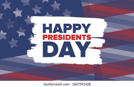 Happy Presidents day in United States. Washington's Birthday. Federal holiday in America. Celebrated in February. Patriotic american elements. Poster, banner and background. Vector illustration