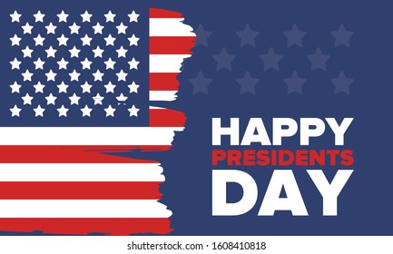 Happy Presidents day in United States. Washington's Birthday. Federal holiday in America. Celebrated in February. Patriotic american elements. Poster, banner and background. Vector illustration