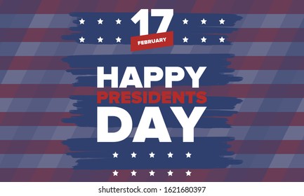 Happy Presidents day in United States. Washington's Birthday. Federal holiday in America. Celebrated in February. Patriotic american elements. Poster, banner and background. Vector illustration