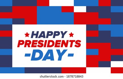 Happy Presidents day in United States. Washington's Birthday. Federal holiday in America. Celebrated in February. Patriotic american elements. Poster, banner and background. Vector illustration