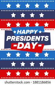 Happy Presidents day in United States. Washington's Birthday. Federal holiday in America. Celebrated in February. Patriotic american elements. Poster, banner and background. Vector illustration