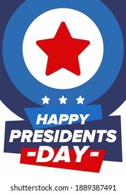 Happy Presidents day in United States. Washington's Birthday. Federal holiday in America. Celebrated in February. Patriotic american elements. Poster, banner and background. Vector illustration