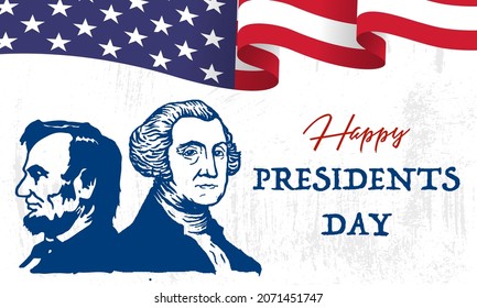 Feliz Día de los Presidentes en Estados Unidos. Cumpleaños de Washington. Festividad federal en Estados Unidos. Celebrado en febrero. Afiche, pancarta y antecedentes