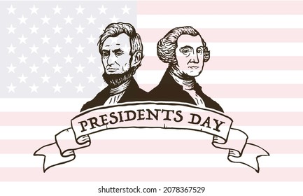 Feliz Día de los Presidentes en Estados Unidos. Cumpleaños de Washington. Festividad federal en Estados Unidos. Celebrado en febrero. Afiche, pancarta y antecedentes