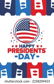 Happy Presidents Day in United States. Federal holiday in America. Celebrated in February. Patriotic american elements. Poster, banner and background. Vector illustration