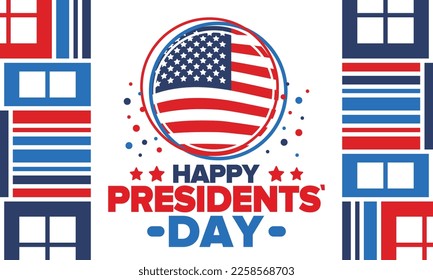 Happy Presidents Day in United States. Federal holiday in America. Celebrated in February. Patriotic american elements. Poster, banner and background. Vector illustration