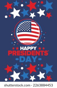 Happy Presidents Day in United States. Federal holiday in America. Celebrated in February. Patriotic american elements. Poster, banner and background. Vector illustration