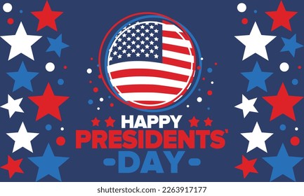 Feliz Día de los Presidentes en Estados Unidos. Festividad federal en Estados Unidos. Celebrado en febrero. Elementos patrioamericanos. Cartel, cartel y fondo. Ilustración del vector