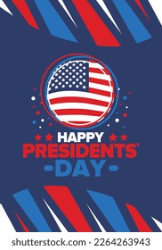 Feliz Día de los Presidentes en Estados Unidos. Festividad federal en Estados Unidos. Celebrado en febrero. Elementos patrioamericanos. Cartel, cartel y fondo. Ilustración del vector