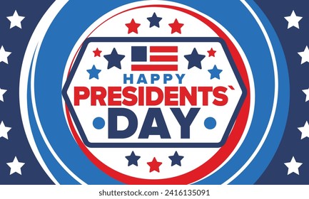 Happy Presidents Day in United States. Federal holiday in America. Celebrated in February. Patriotic american elements. Poster, banner and background. Vector illustration