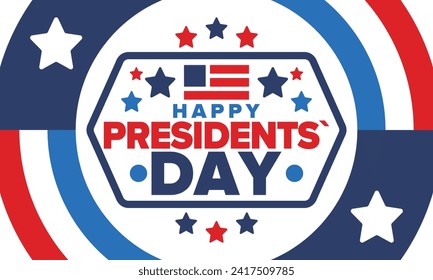 Happy Presidents Day in United States. Federal holiday in America. Celebrated in February. Patriotic american elements. Poster, banner and background. Vector illustration