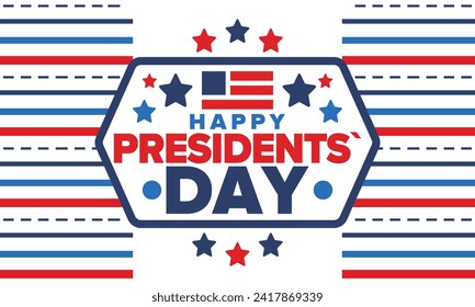 Happy Presidents Day in United States. Federal holiday in America. Celebrated in February. Patriotic american elements. Poster, banner and background. Vector illustration