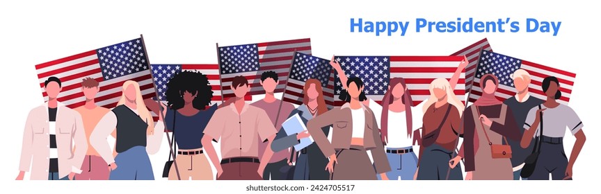 Happy Presidents day in United States banner. A group of diverse people of different ethnicities stand side by side together waving the American national flags. American patriotic holiday. Flat vector