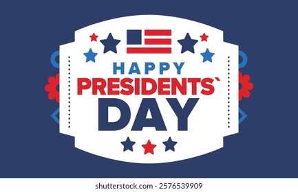 Happy Presidents Day in United States. Federal holiday in America. Celebrated in February. Patriotic american elements. Poster, banner and background. Vector illustration