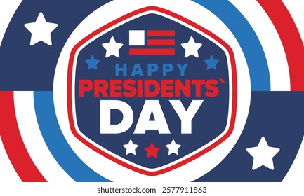 Happy Presidents Day in United States. Federal holiday in America. Celebrated in February. Patriotic american elements. Poster, banner and background. Vector illustration