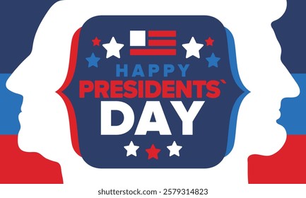 Happy Presidents Day in United States. Federal holiday in America. Celebrated in February. Patriotic american elements. Poster, banner and background. Vector illustration