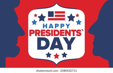 Happy Presidents Day in United States. Federal holiday in America. Celebrated in February. Patriotic american elements. Poster, banner and background. Vector illustration