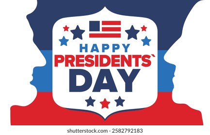 Happy Presidents Day in United States. Federal holiday in America. Celebrated in February. Patriotic american elements. Poster, banner and background. Vector illustration