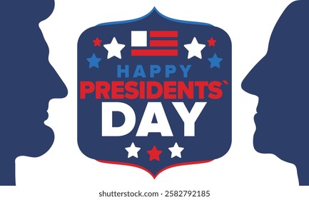 Happy Presidents Day in United States. Federal holiday in America. Celebrated in February. Patriotic american elements. Poster, banner and background. Vector illustration