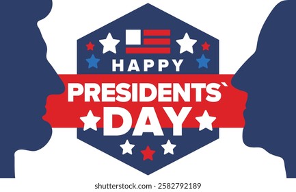 Happy Presidents Day in United States. Federal holiday in America. Celebrated in February. Patriotic american elements. Poster, banner and background. Vector illustration