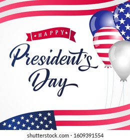 Happy Presidents Day USA balloons and flags lettering card. Vector illustration sale discount banner or poster for President`s Day 	