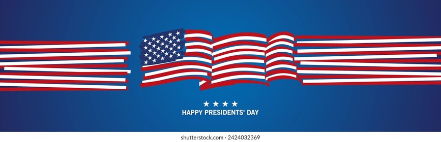 Happy Presidents' Day. USA long wavy abstract flag and ribbon. Banner, poster, greeting card for USA holidays on blue background