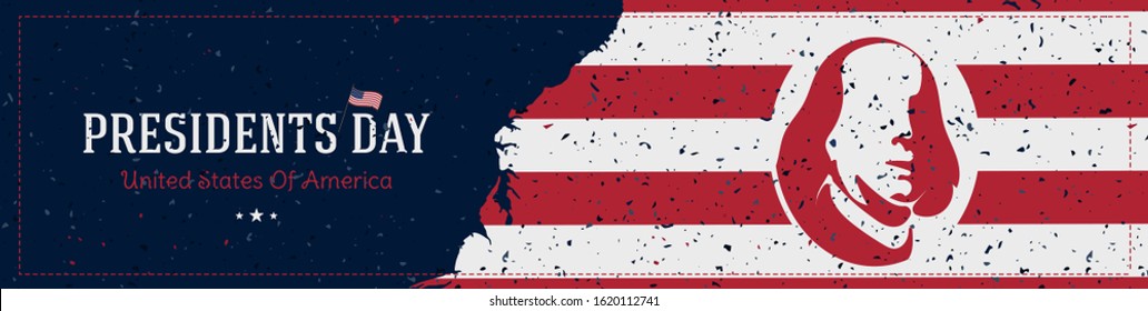 Happy Presidents Day of USA. Template design element with portrait of the president and USA flag. National American holiday event. Flat vector illustration EPS10
