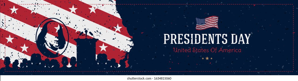 Happy Presidents Day of USA. Template design with a silhouette of people and podium for speaking on a background with texture and portrait of the president with USA flag. National American holiday.