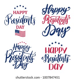 Happy Presidents' Day vector handwritten phrases. National american holiday illustrations set with USA flag on white background. Festive poster, greeting card etc.
