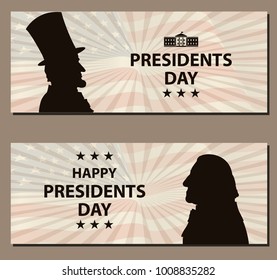 Happy Presidents Day Vintage banner. George Washington and Abraham Lincoln silhouettes with flag as background. United States of America celebration. Vector illustration.