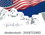 Happy Presidents Day with waving flag USA and Mount Rushmore. Monument four US presidents, creative concept for holiday. Vector illustration